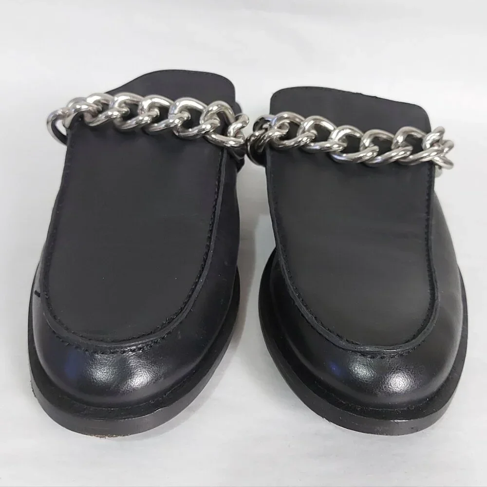 Free People Preppy Silver Link Chain Vida Mules Size 38 EU Black Leather Slip-On